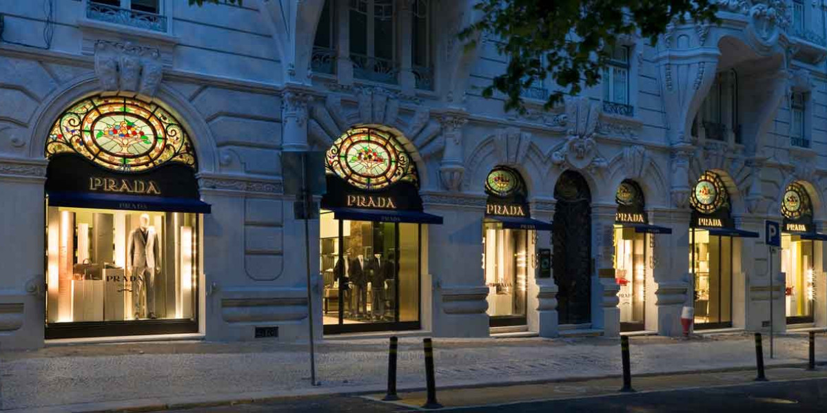 Prada Shoes Store in a white puffer gown